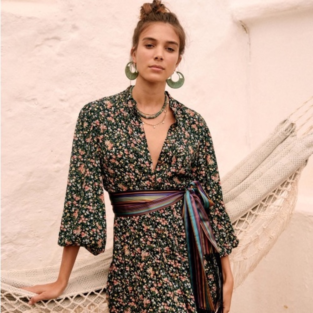 Sézane Sobral Dress Green Navy Garden Print 42 L Large w tags 2 Free Purses NWT